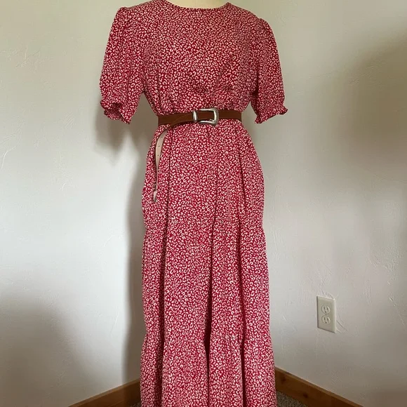 Red and White Tiered Puff Sleeve Maxi Sundress Size L - Picture 5 of 9